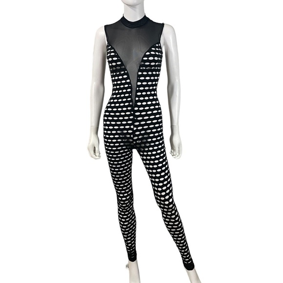 Fashion17 Pants - Women Grommet Eyelet Turtleneck Mesh Long-Sleeve Jumpsuit